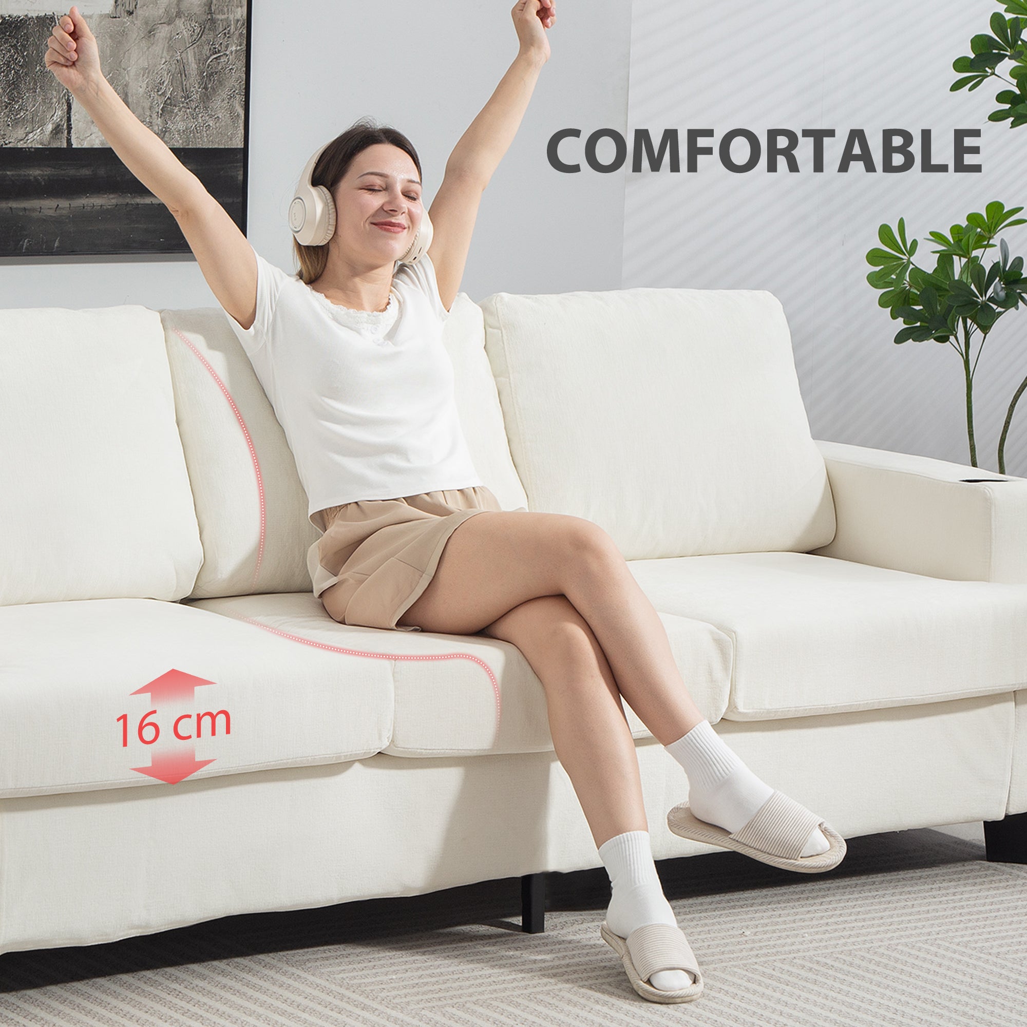 HOMCOM 3 Seater Sofa with USB Ports & Cup Holders - Cream White