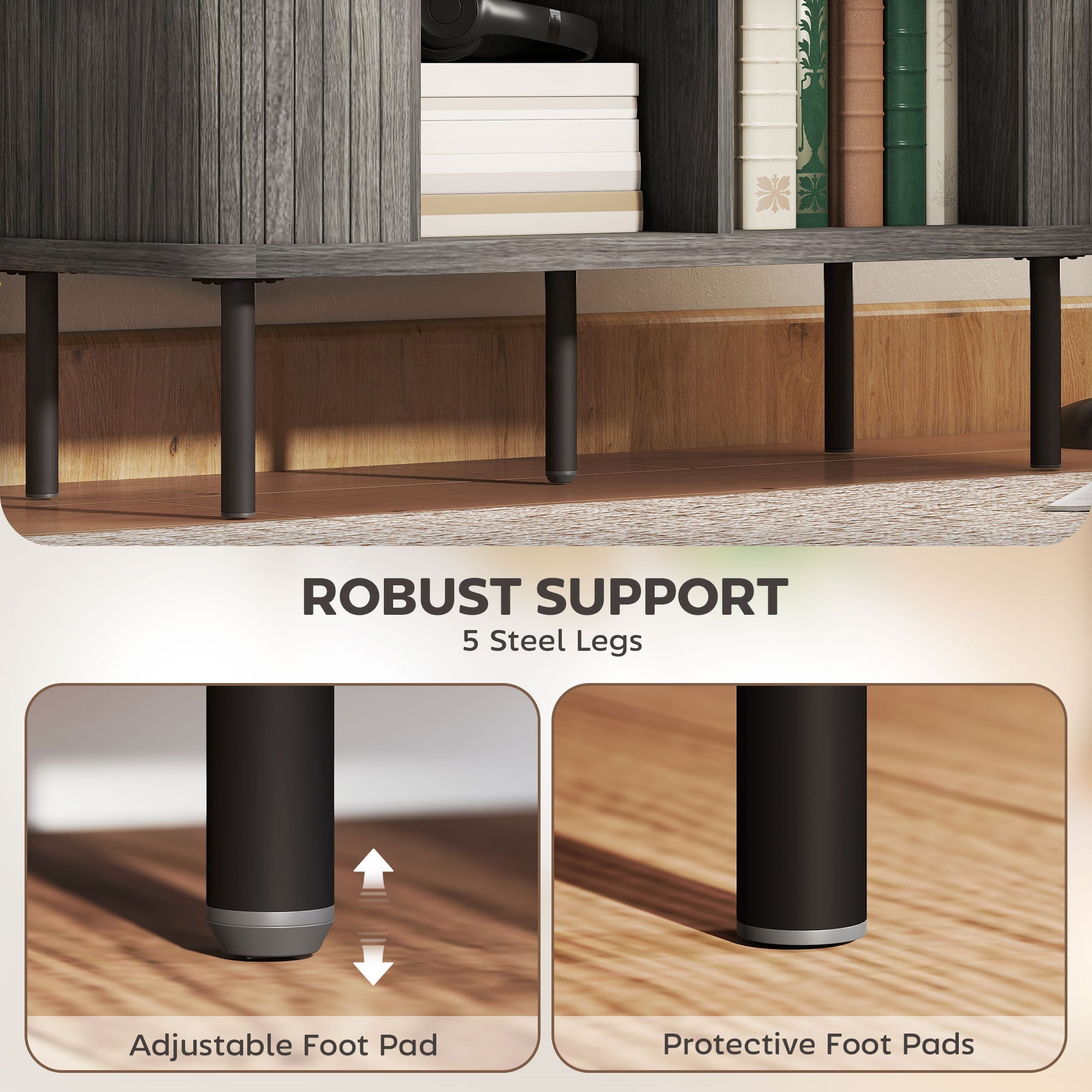 HOMCOM Mid-Century Modern Sideboard Storage Cabinet with Slatted Tambour Sliding Doors, Kitchen Cabinet with Steel Legs, Grey