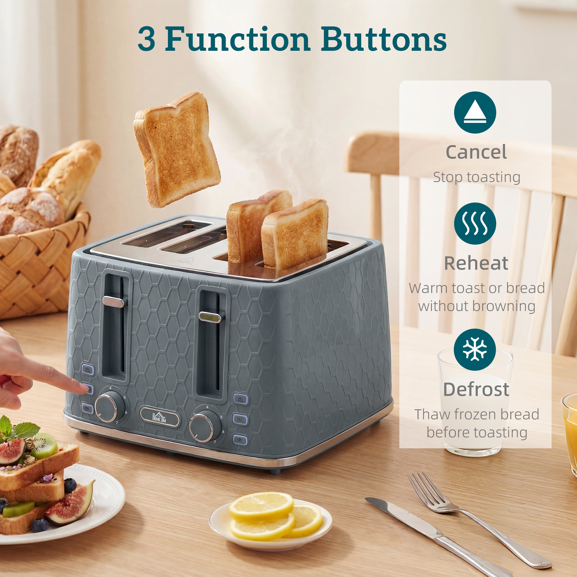 HOMCOM Kettle and Toaster Set, 1.7L 3000W Rapid Kettle with Strix Thermostat, 4 Slice Toaster with 7 Browning Controls, Grey 
