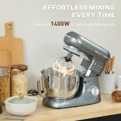 HOMCOM 1300W Kitchen Stand Mixer, with Accessories - Silver 