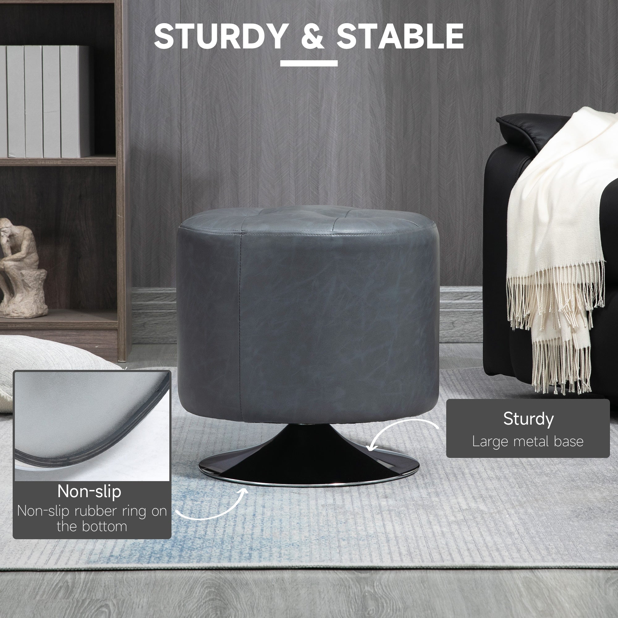 HOMCOM 360\'c2\'b0 Swivel Foot Stool Round PU Ottoman with Thick Sponge Padding and Solid Steel Base, Grey