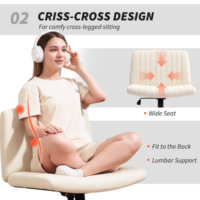 HOMCOM Armless Office Chair No Wheels, Linen Fabric Criss Cross Legged Desk Chair with Wide Seat, Thick Padding, Tilt Function, Height Adjustable Swivel Computer Seat for Home, Cream 