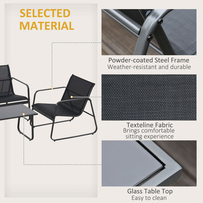 Outsunny 4 Piece Garden Furniture Set Outdoor Patio Sofa Set with Double Chair, Single Chairs and Glass Top Table for Terrace and Balcony, Black 