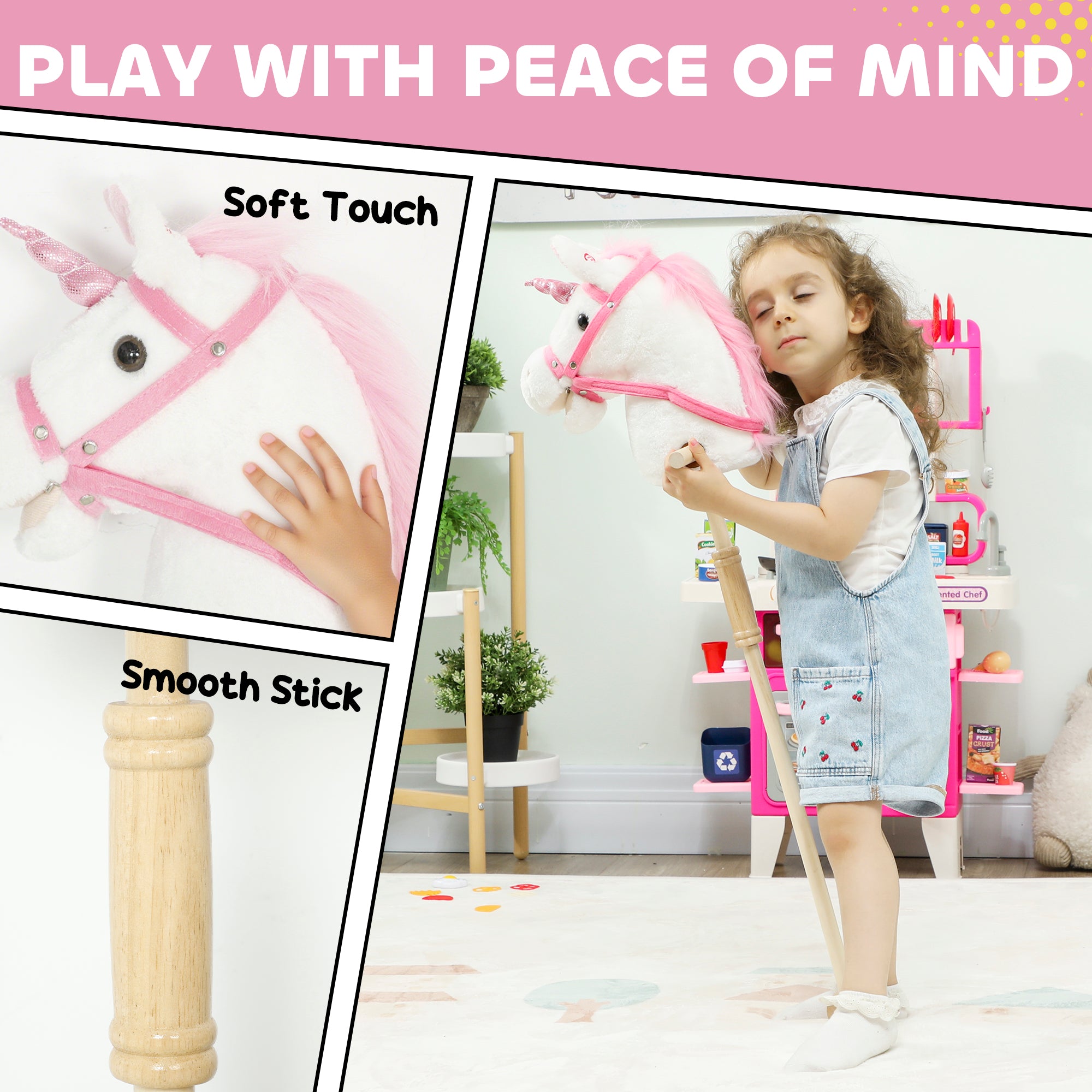 AIYAPLAY Unicorn Stick Horse with Wood Wheels, Real Pony Neighing and Galloping Sounds, Grip Handle, 95 cm, White 