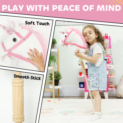 AIYAPLAY Unicorn Stick Horse with Wood Wheels, Real Pony Neighing and Galloping Sounds, Grip Handle, 95 cm, White 