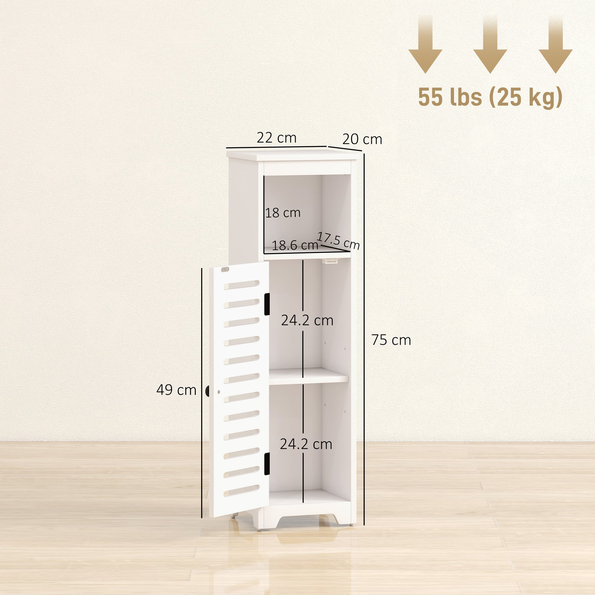 HOMCOM Bathroom Floor Cabinet, Bathroom Storage Unit with Louvered Door, Open Shelf, Adjustable Shelf, White, 22 x 20 x 75 cm 