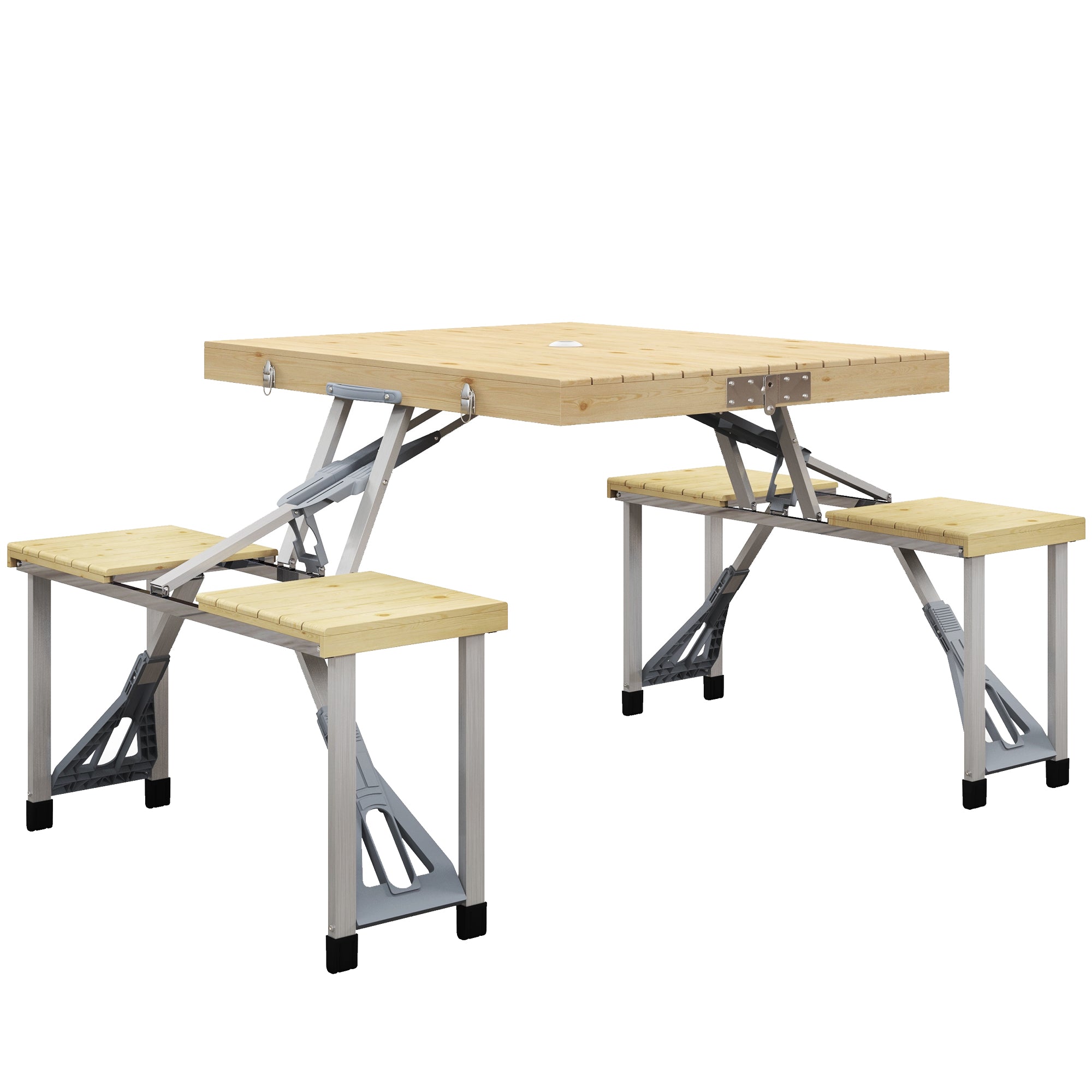 Outsunny Aluminium Frame Folding Picnic Table, Portable Camping Table and Chairs Set with Umbrella Hole 
