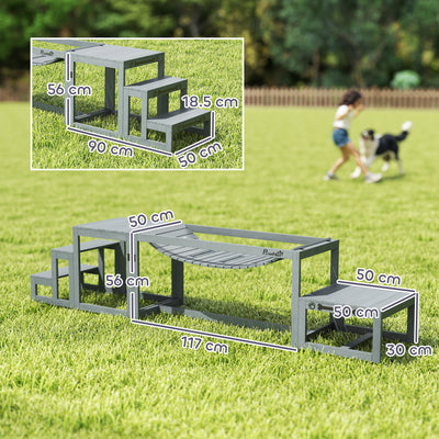 PawHut 3 Pieces Wooden Dog Agility Training Equipment with Soft Bridge, Pause Platform and Pet Stair for Outdoor, Grey 