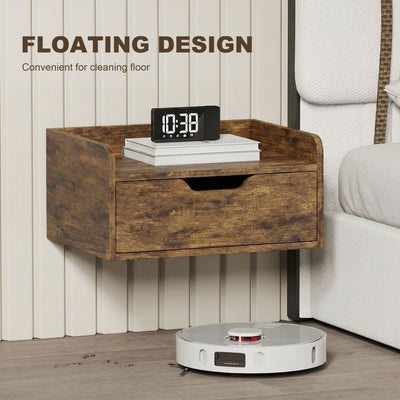 HOMCOM Floating Nightstands Set of 2, Wall Mounted Bedside Table with Drawer for Bedroom, Rustic Brown 