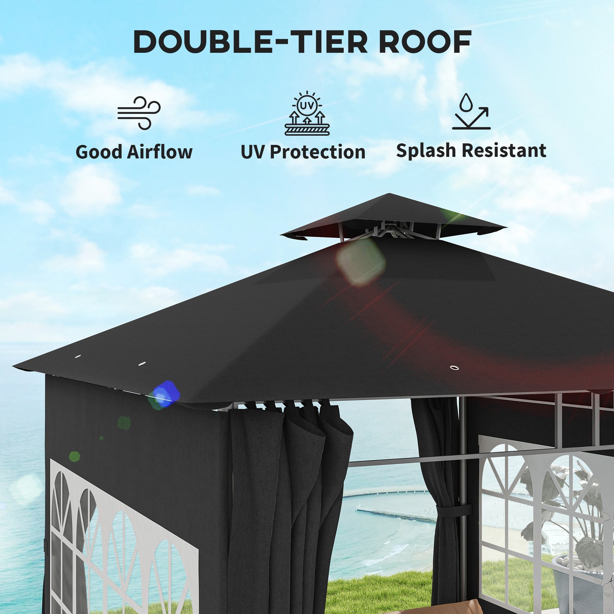 Outsunny 3 x 3 m Garden Gazebo, Double Roof Metal Gazebo with Removable Sidewalls and Church Windows, Outdoor Canopy Shelter, Black 