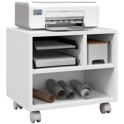 HOMCOM Three-Compartment Printer Cabinet, with Wheels - White 