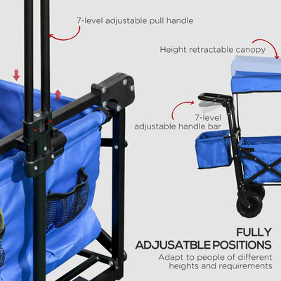 Outsunny Folding Trolley Cart Storage Wagon Beach Trailer 4 Wheels with Handle Overhead Canopy Cart Push Pull for Camping, Blue 