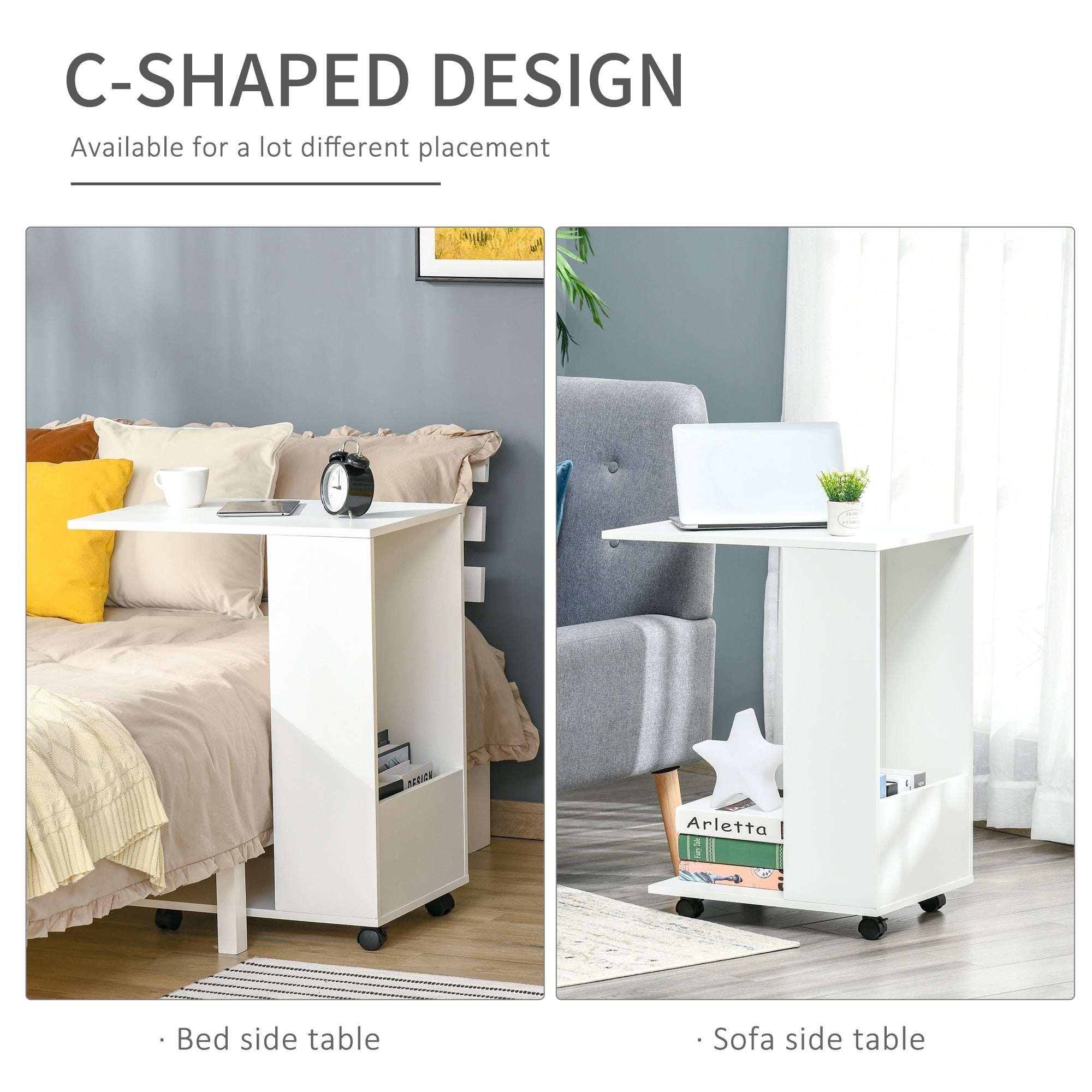 HOMCOM Mobile Sofa Side Table C-Shape End Table with Storage and Casters for Laptop Coffee Snack, White 