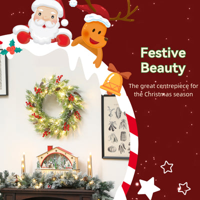 HOMCOM 60 cm Prelit Christmas Wreath, Door Wreath with Realistic Branches, 30 Warm White LEDs, Timer, Battery Operated 