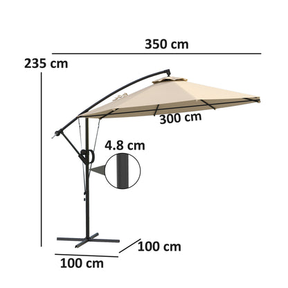 Outsunny 3(m) Garden Cantilever Parasol with Cover and Wind Protection Strap, Round Overhanging Umbrella with Crank Handle and Tilt, Banana Patio Umbrella for Outdoor Sun Shade, UPF50+, Khaki 