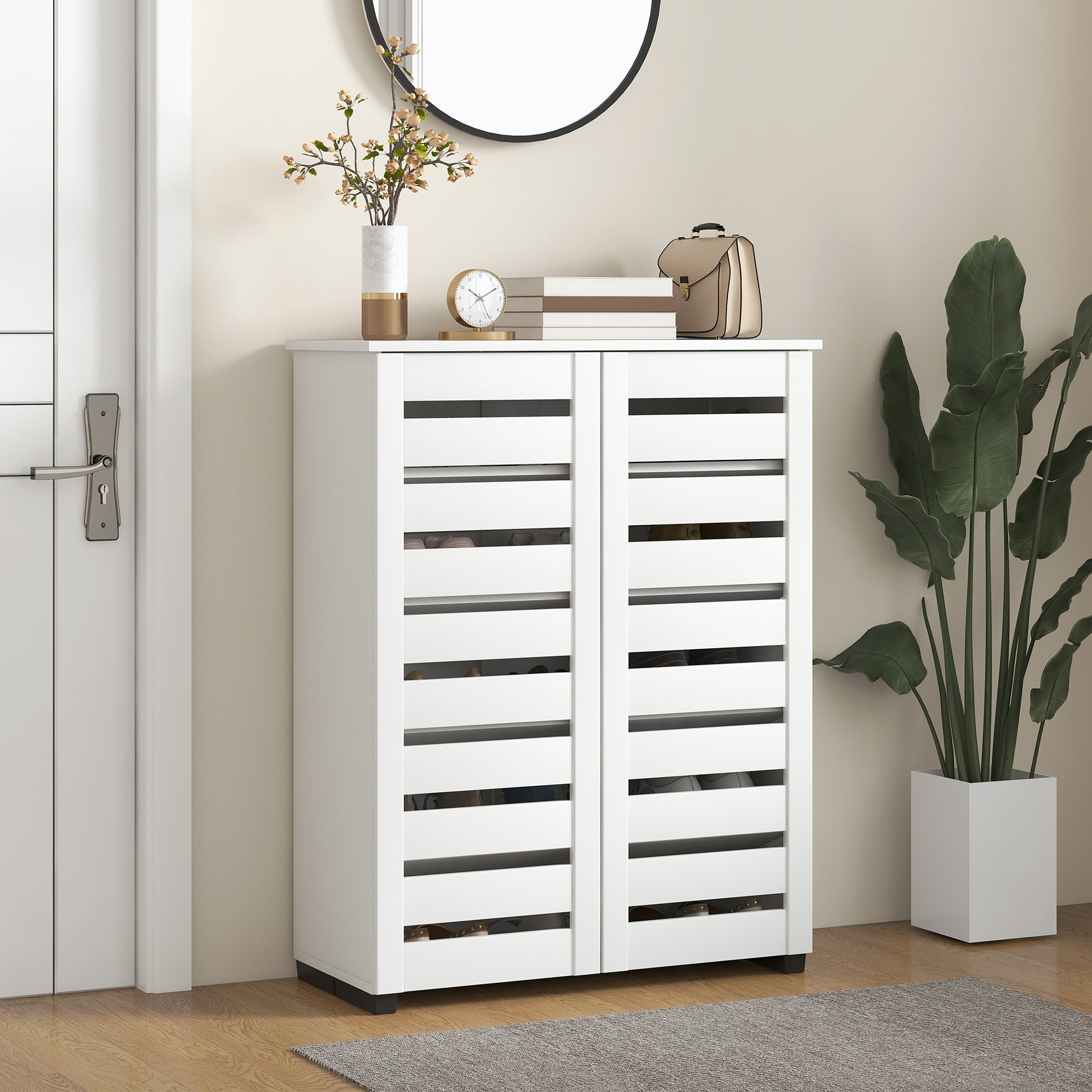HOMCOM Narrow Shoe Cabinet for Entryway, 5-Tier Slim Shoe Storage Cabinet with 2 Slatted Doors and Adjustable Shelves 