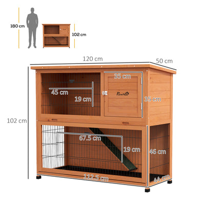 PawHut Two-Tier Antiseptic Wood Rabbit Hutch, 102cm Guinea Pig Hutch with Run - Orange 