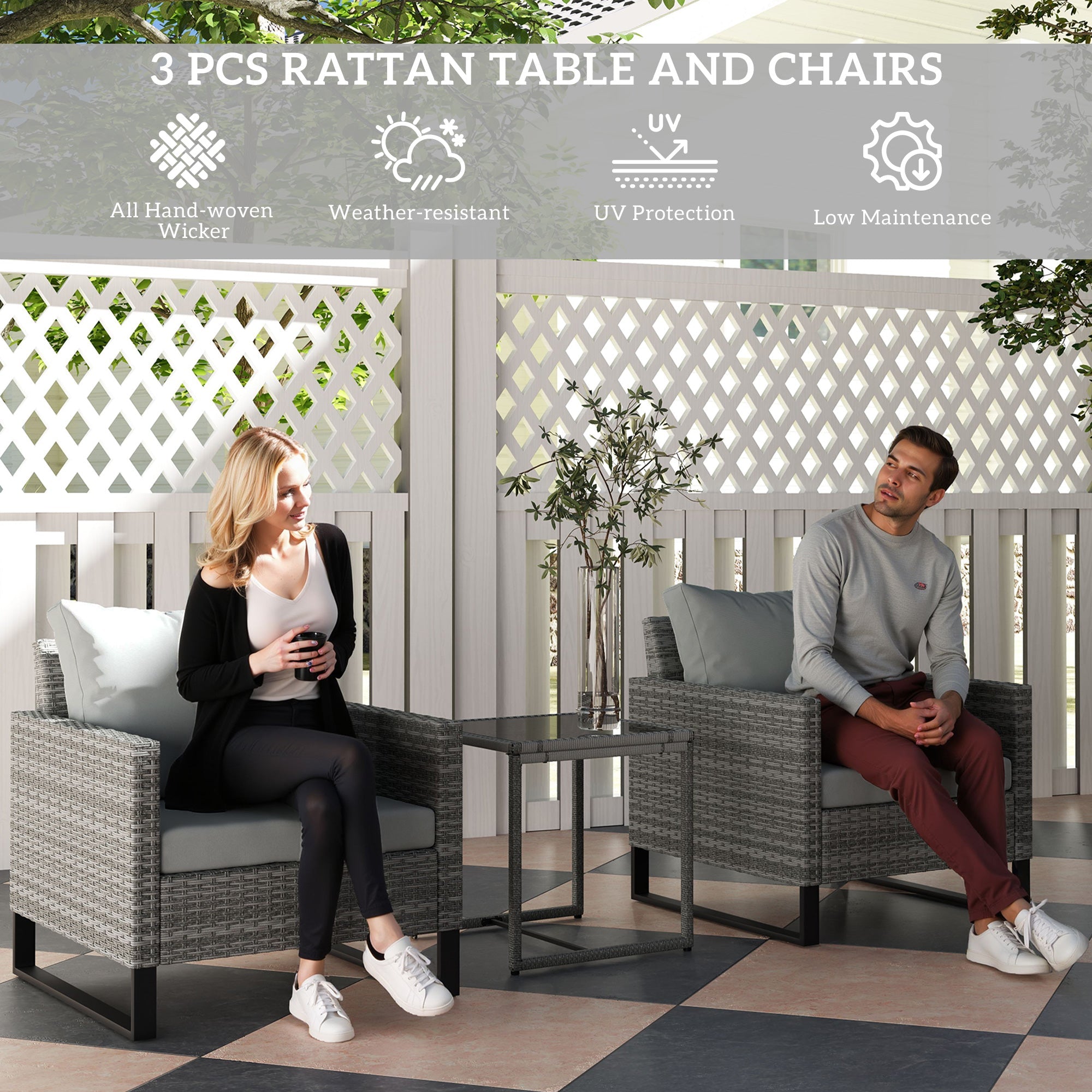 Outsunny 3 Pieces Rattan Bistro Set with 4 Cushions, Wicker Garden Furniture Set, Glass Top Coffee Table and Chairs for Outdoor Patio, Balcony, Terrace and Conservatory, Grey 