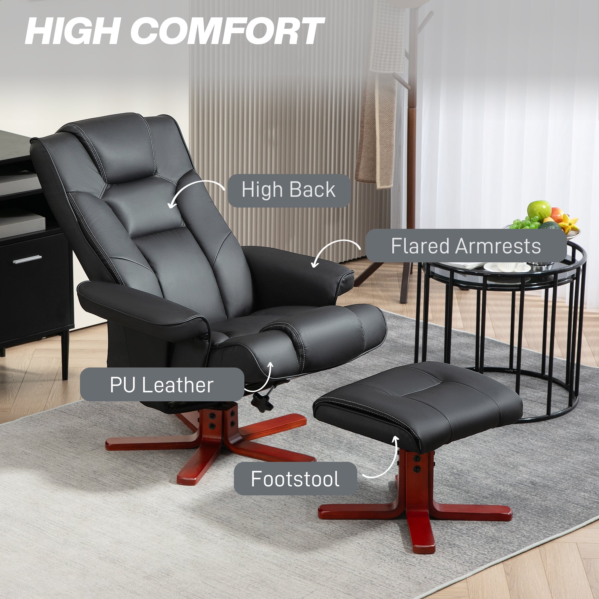 HOMCOM Faux Leather Manual Recliner and Footstool Set - Black 