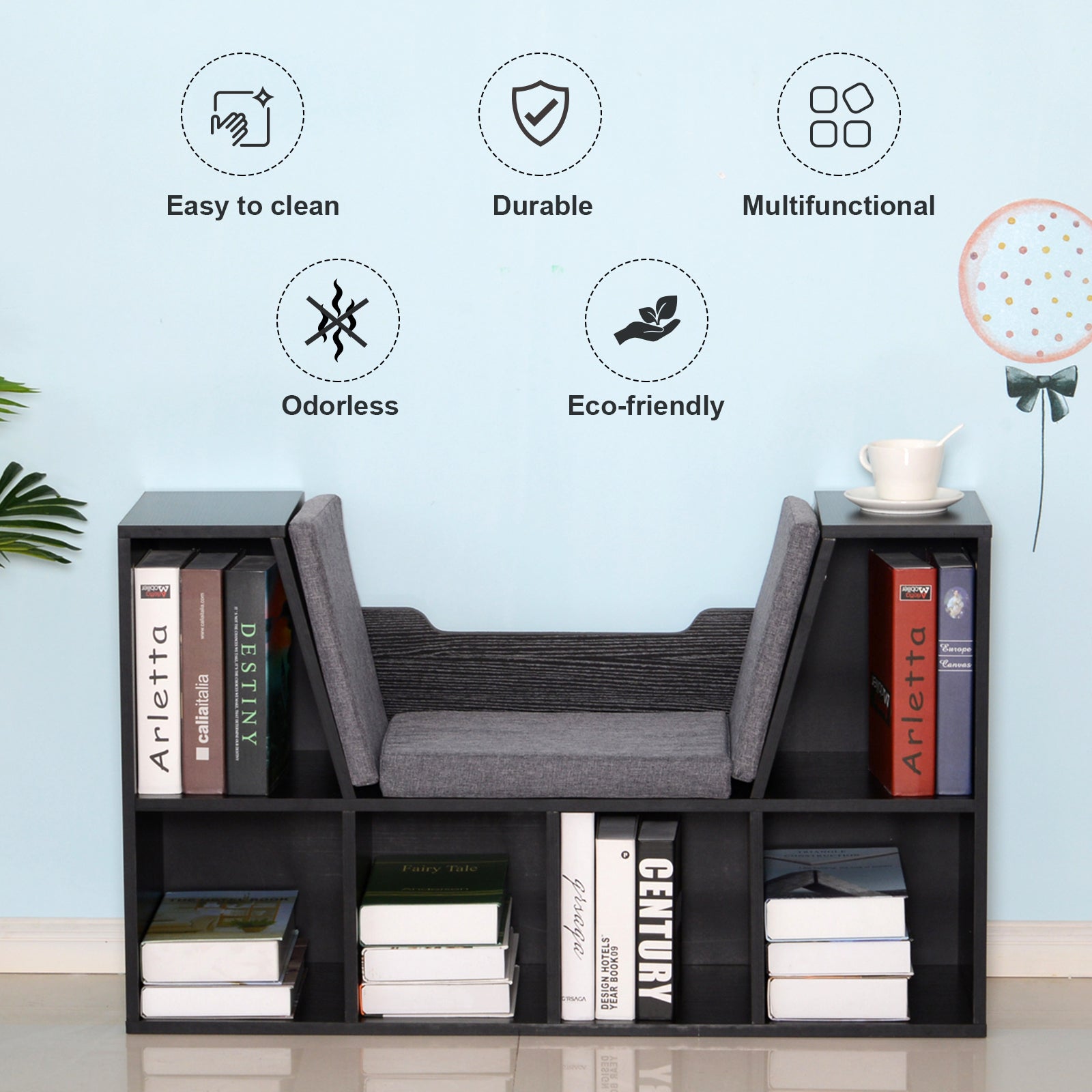 HOMCOM Bookcase Storage Shelf with Cushioned Reading Seat, Cube Bookshelf Organizer for Bedroom Living Room, Black 