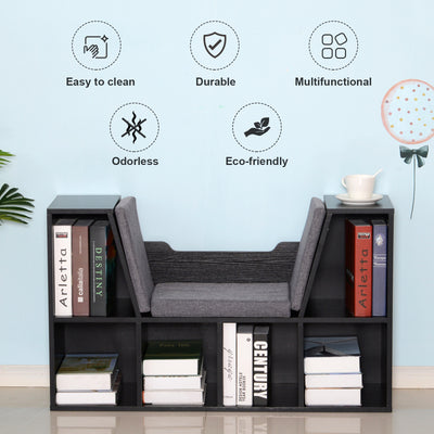 HOMCOM Bookcase Storage Shelf with Cushioned Reading Seat, Cube Bookshelf Organizer for Bedroom Living Room, Black 