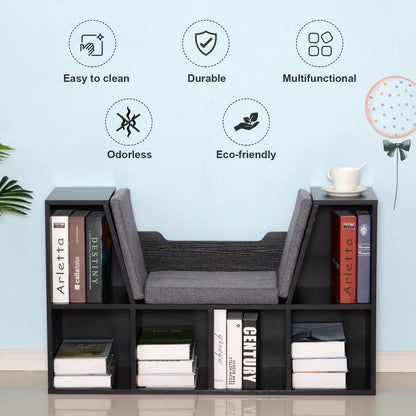 HOMCOM Bookcase Storage Shelf with Cushioned Reading Seat, Cube Bookshelf Organizer for Bedroom Living Room, Black 