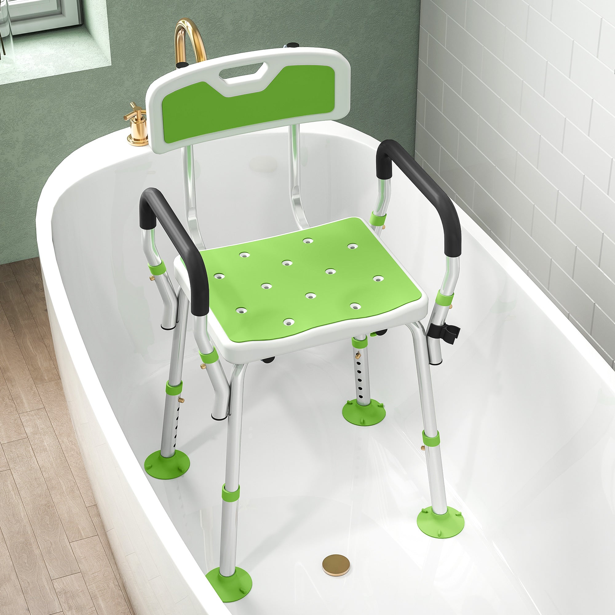 HOMCOM EVA Padded Shower Chair for the Elderly and Disabled, Height Adjustable Shower Stool with Back and Arms, 4 Suction Foot Pads, Green 