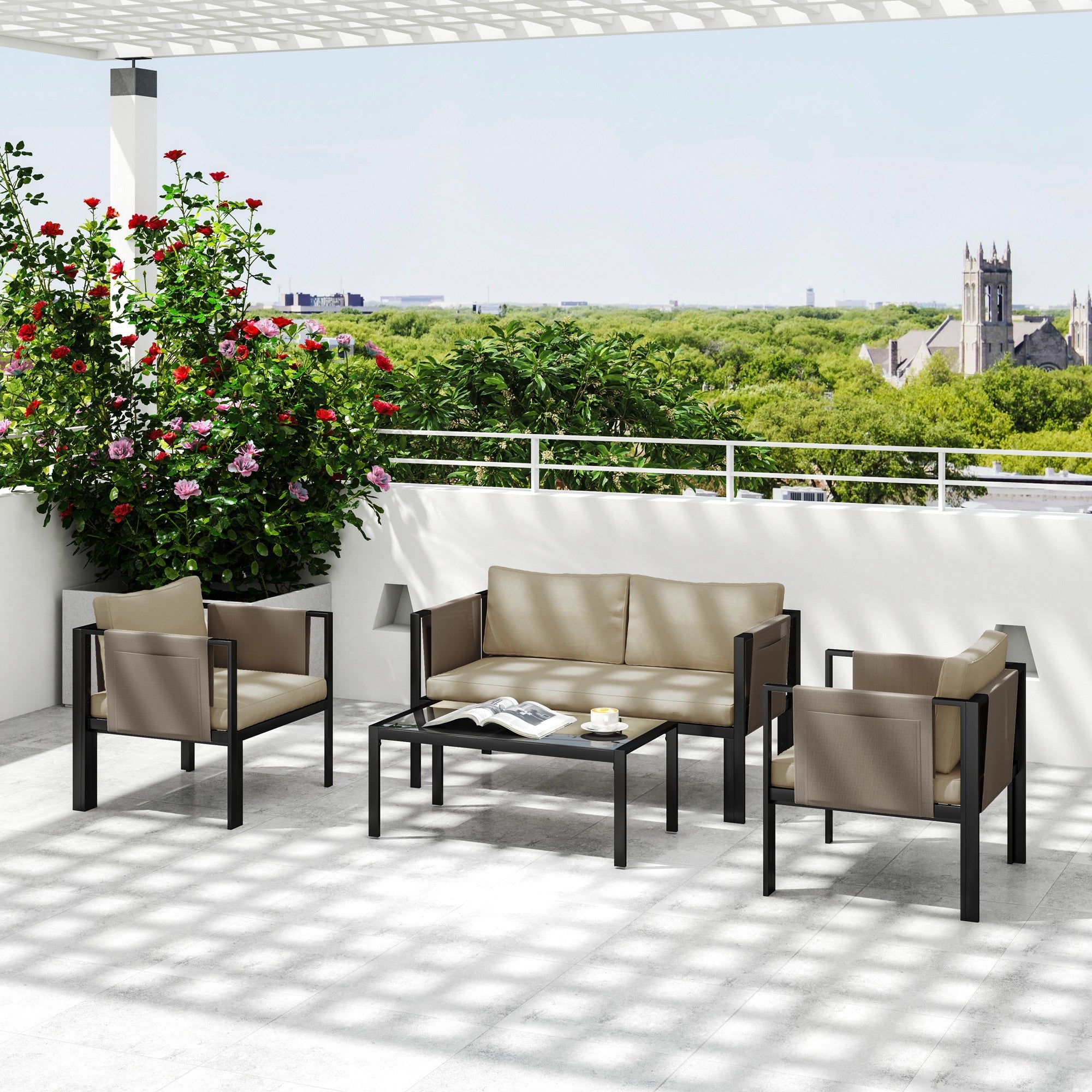 Outsunny 4 Piece Metal Garden Furniture Set with Tempered Glass Coffee Table, Texteline Pocket, Outdoor Set Loveseat Single Armchairs with Padded Cushions, Khaki 