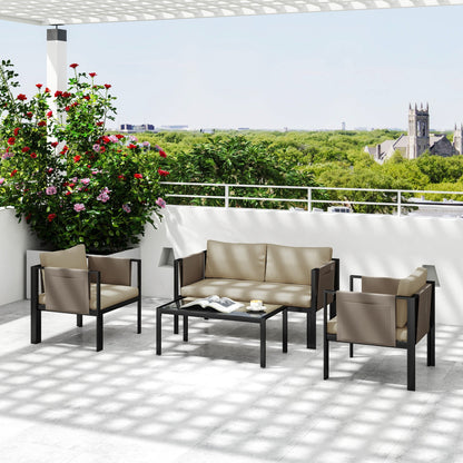 Outsunny 4 Piece Metal Garden Furniture Set with Tempered Glass Coffee Table, Texteline Pocket, Outdoor Set Loveseat Single Armchairs with Padded Cushions, Khaki 