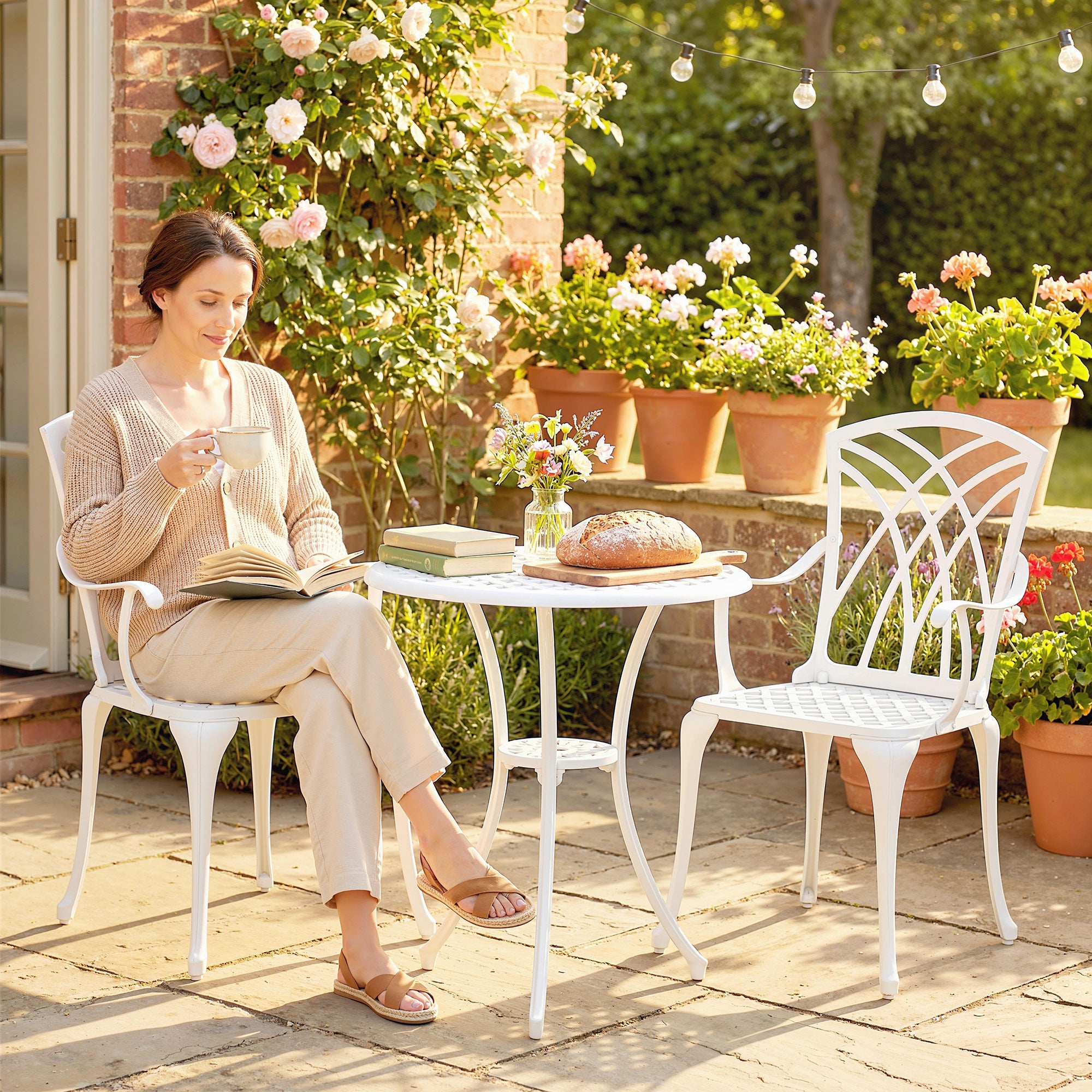 Outsunny 3 Pieces Garden Bistro Set, Cast Aluminium Outdoor Dining Set with 2 Chairs and Round Table with Parasol Hole, White 