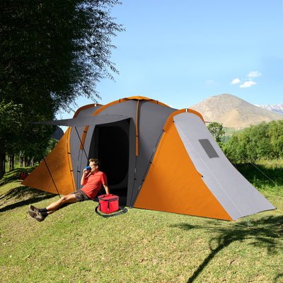 Outsunny Large Camping Tent Tunnel Tent with 2 Bedroom and Living Area, 2000mm Waterproof, Portable with Bag for 4-6 Man, Orange 
