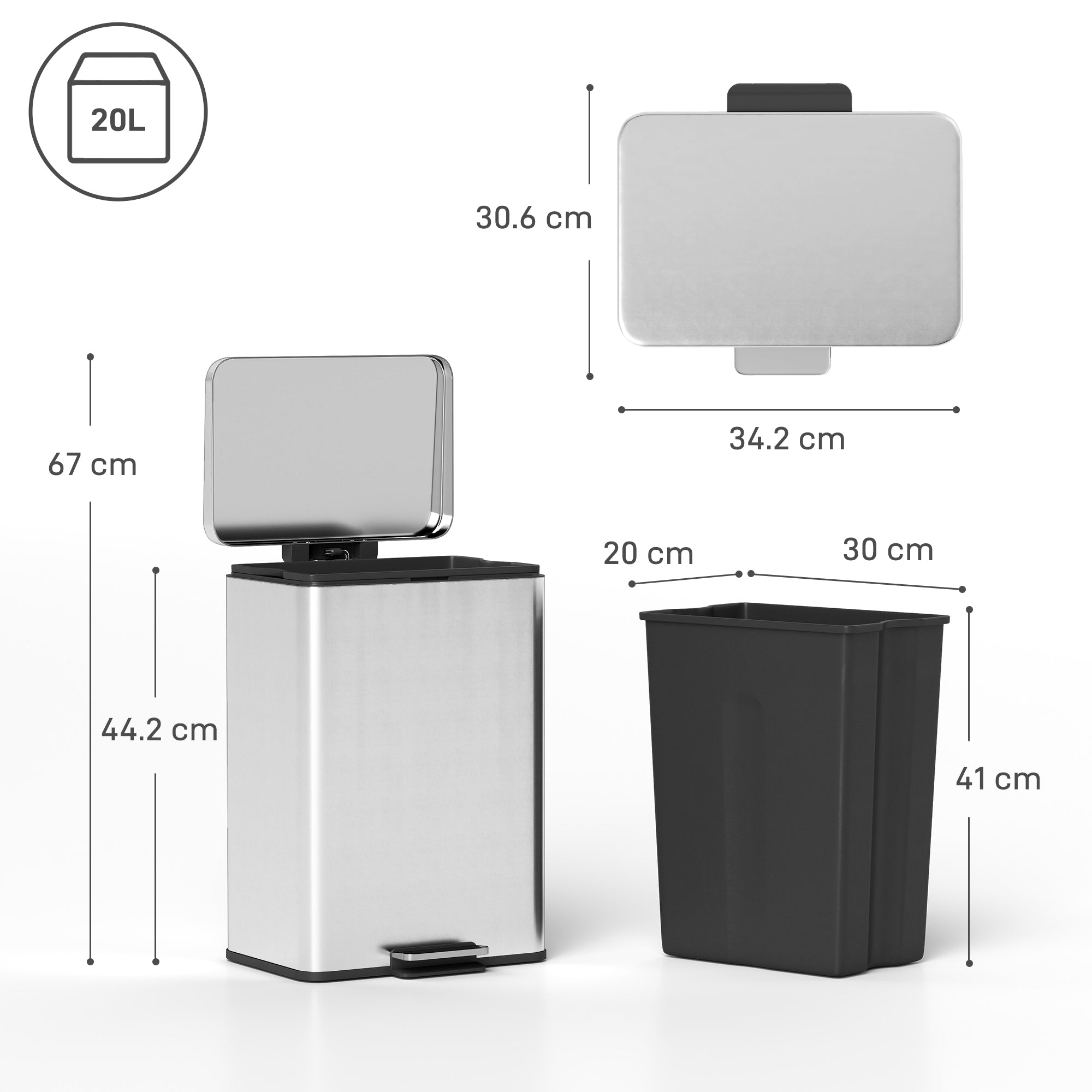 HOMCOM 20L Kitchen Bin with Soft-Close Lid and Stay-Open Function, Stainless Steel Pedal Bin with Removable Inner Bucket for Kitchen, Office, Home, Silver Tone 