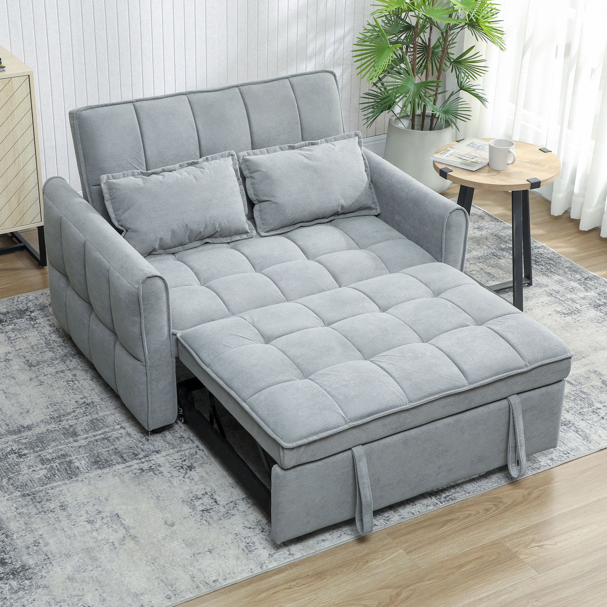 HOMCOM 2 Seater Sofa Bed, 3-in-1 Convertible Sleeper Sofa with Click-clack Adjustable Backrest and 2 Pillows, Grey 