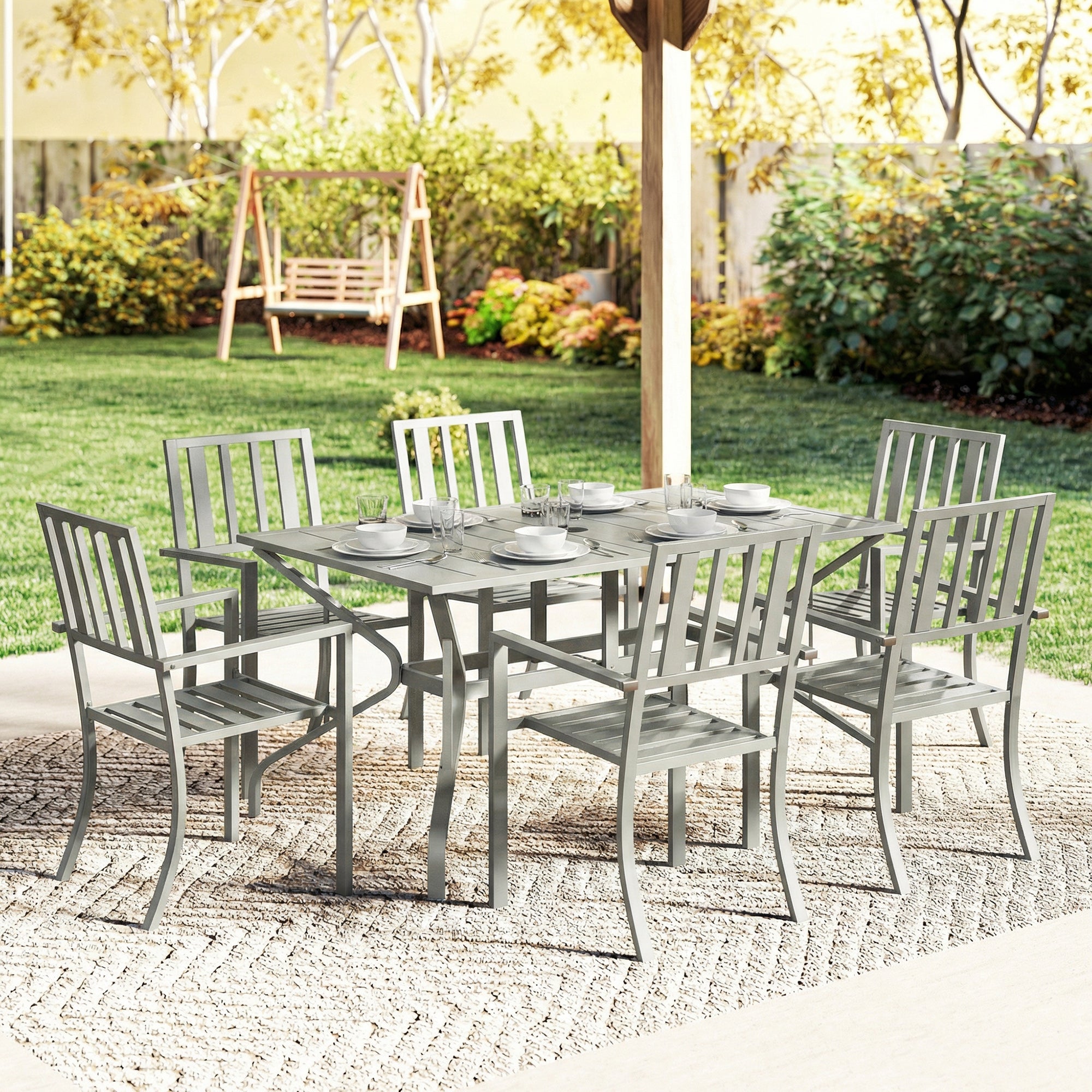 Outsunny 7 Pieces Garden Table and Chairs, 6 Seater Outdoor Table and Chairs with Umbrella Hole, for Garden, Light Grey 
