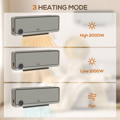 HOMCOM Wall Downflow Heater 2 Heat and Fan 1000W/2000W, Electric Space Heater with Timer Remote Oscillating, for Bedroom Home Office, Grey 
