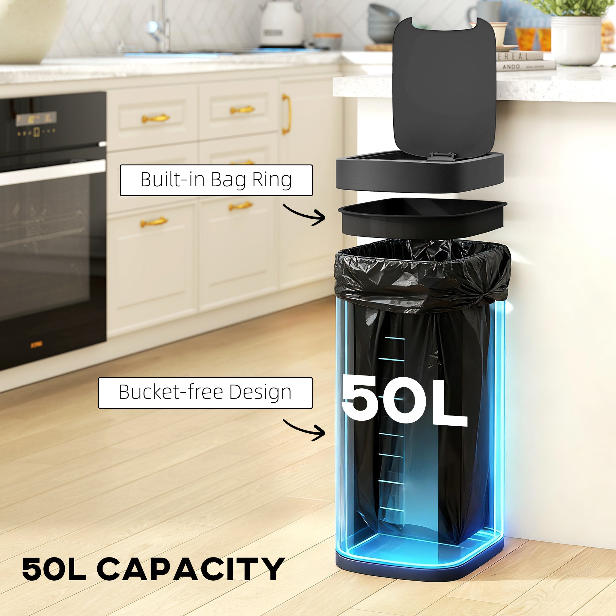HOMCOM 50L Sensor Bin, Automatic Kitchen Bin, Manual Override, Battery Operated, Inner-Bucket-Free, for Kitchen, Bedroom 