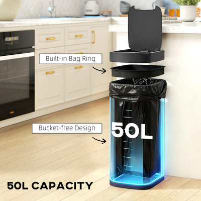 HOMCOM 50L Sensor Bin, Automatic Kitchen Bin, Manual Override, Battery Operated, Inner-Bucket-Free, for Kitchen, Bedroom 