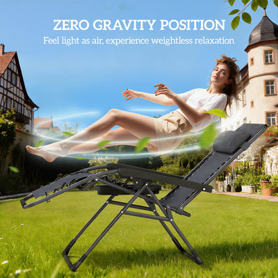 Outsunny Zero Gravity Chairs Set of 2, Folding Sunloungers Reclining Garden Chairs with Cup Holder, Headrest, Dark Grey 