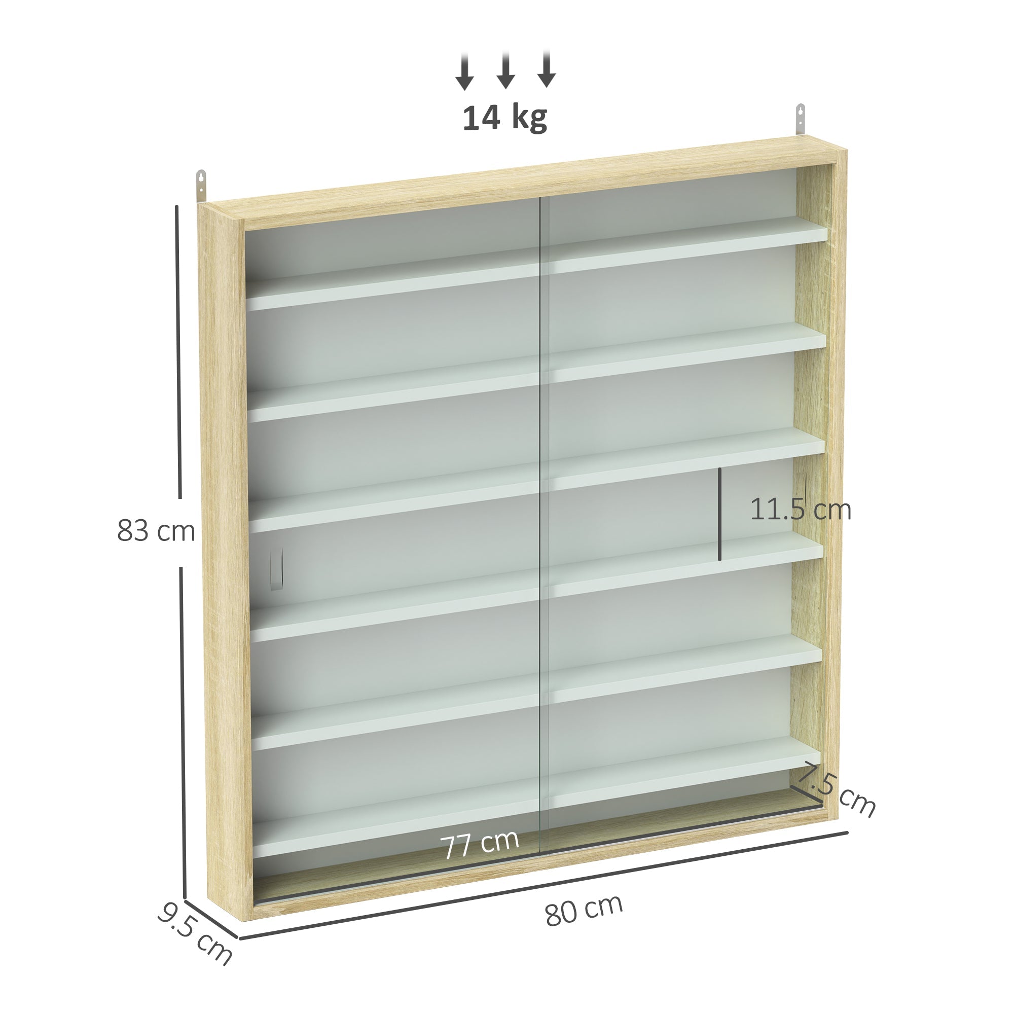 HOMCOM 7-Tier Wall Display Shelf Unit Cabinet w/ 6 Adjustable Shelves Glass Doors Home Office Ornaments 83x80cm, Oak 