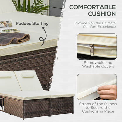 Outsunny 2 Seater Double Rattan Sun Lounger Recliner Day Bed Outdoor Wicker Weave Furniture Sofa w/ Fire Retardant Cushions – Cream 