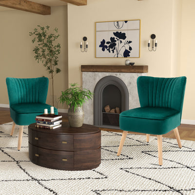 HOMCOM Velvet Accent Chair Occasional Tub Seat Padding Curved Back with Wood Frame Legs Home Furniture Set of 2 Green 