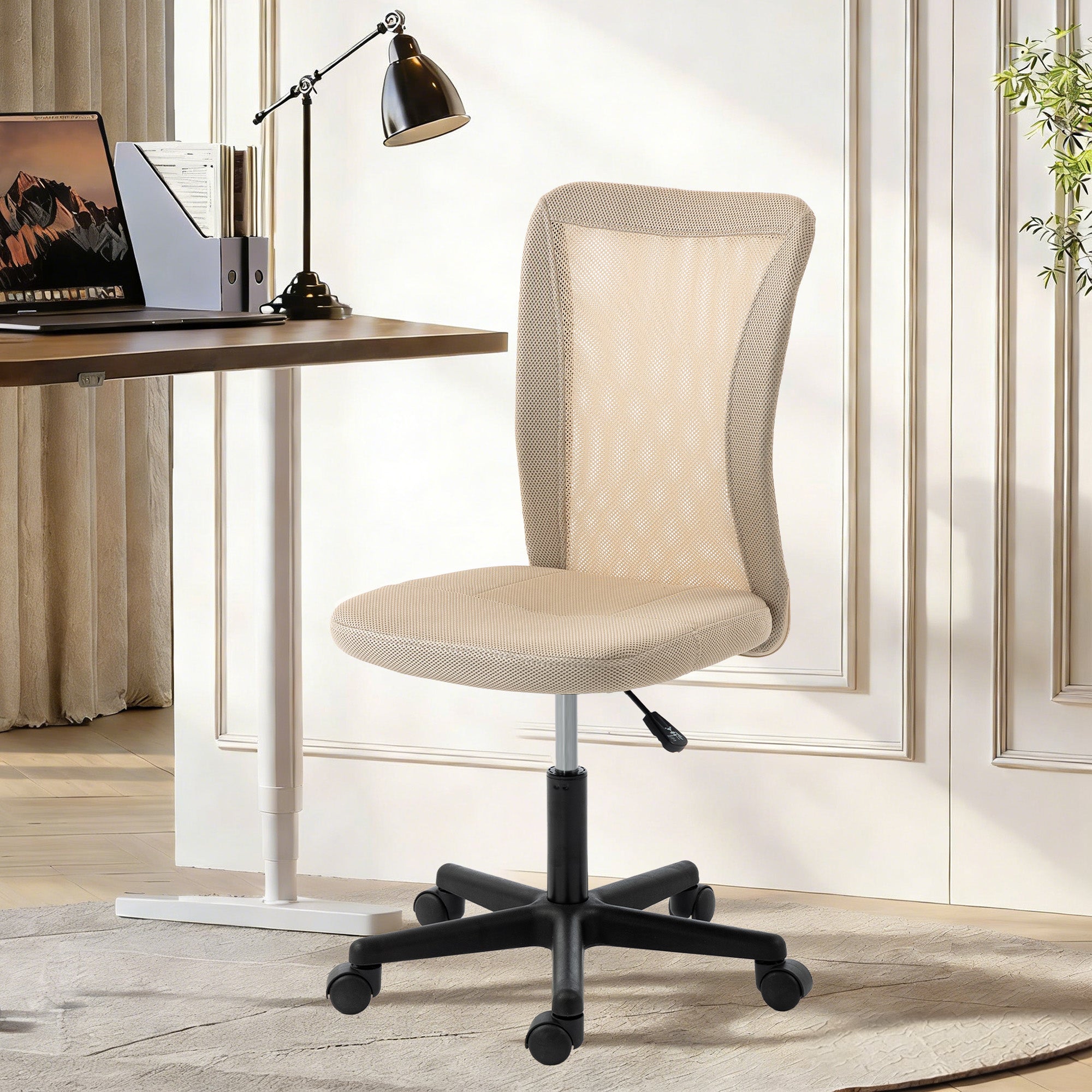 Vinsetto Computer Desk Chair, Mesh Office Chair with Adjustable Height and Swivel Wheels, Armless Study Chair, Beige 