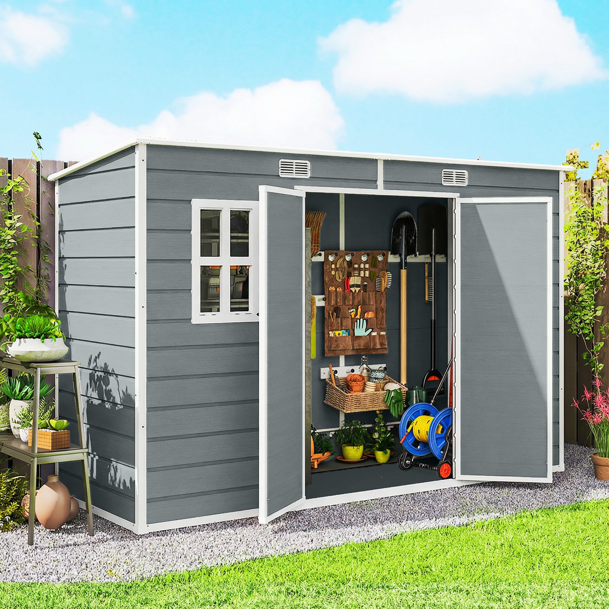 Outsunny 10 x 4 ft Resin Garden Shed, Outdoor Storage Shed with Floor, Windows, Lockable Doors and Vents, Grey 
