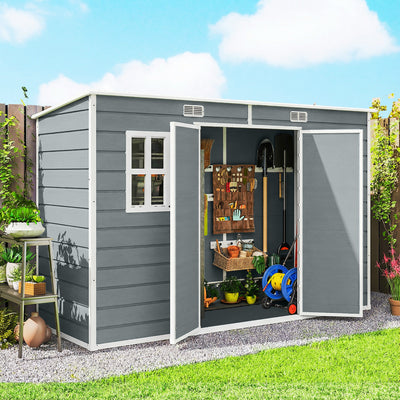 Outsunny 10 x 4 ft Resin Garden Shed, Outdoor Storage Shed with Floor, Windows, Lockable Doors and Vents, Grey 