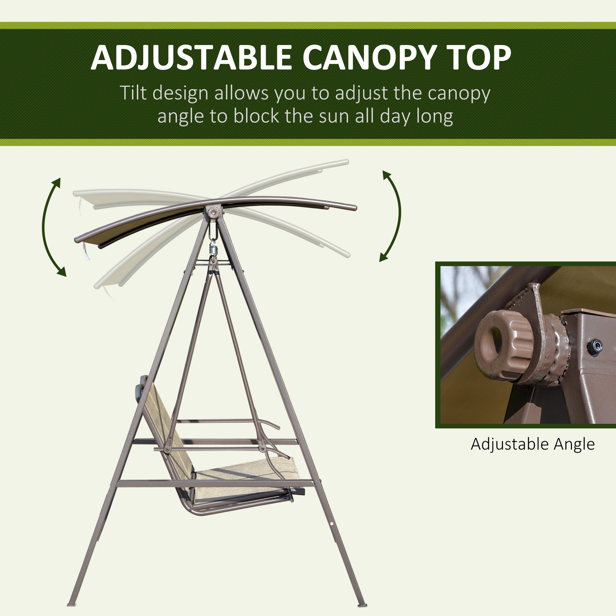 Outsunny 2 Seater Garden Swing Seat Swing Chair, Outdoor Canopy Swing Bench with Adjustable Shade, Metal Frame and Texteline Seat, Brown 