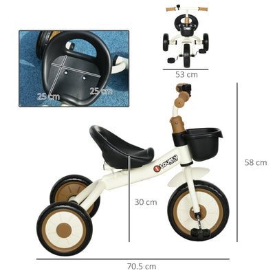 AIYAPLAY Kids Trike, Tricycle, with Adjustable Seat, Basket, Bell, for Ages 2-5 Years - White 