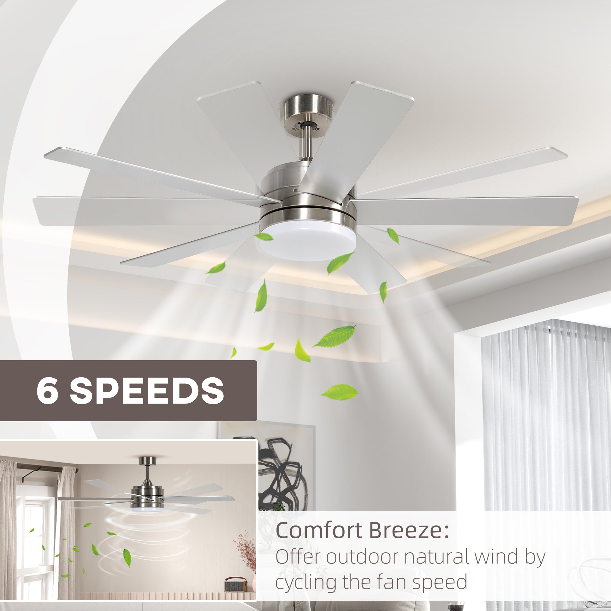 HOMCOM 52" Ceiling Fans with Light and Remote, 132CM LED Ceiling Fan with 5 Blades, 5-Speed, Timer, Quiet Reversible DC Motor, for Bedroom, Living Room, Silver and Beech Wood-effect 