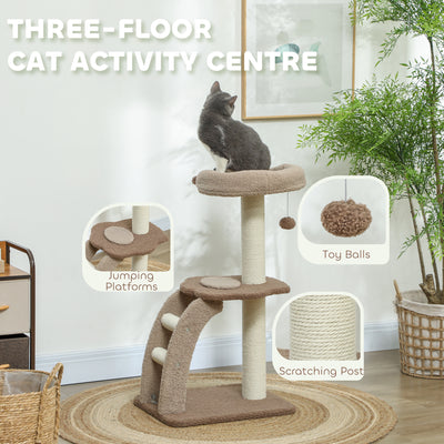 PawHut Cat Tree for Indoor Cats, 88cm Cat Tower with Sisal Scratching Post, Hanging Ball, Large Cat Perch, Stairs, Brown 