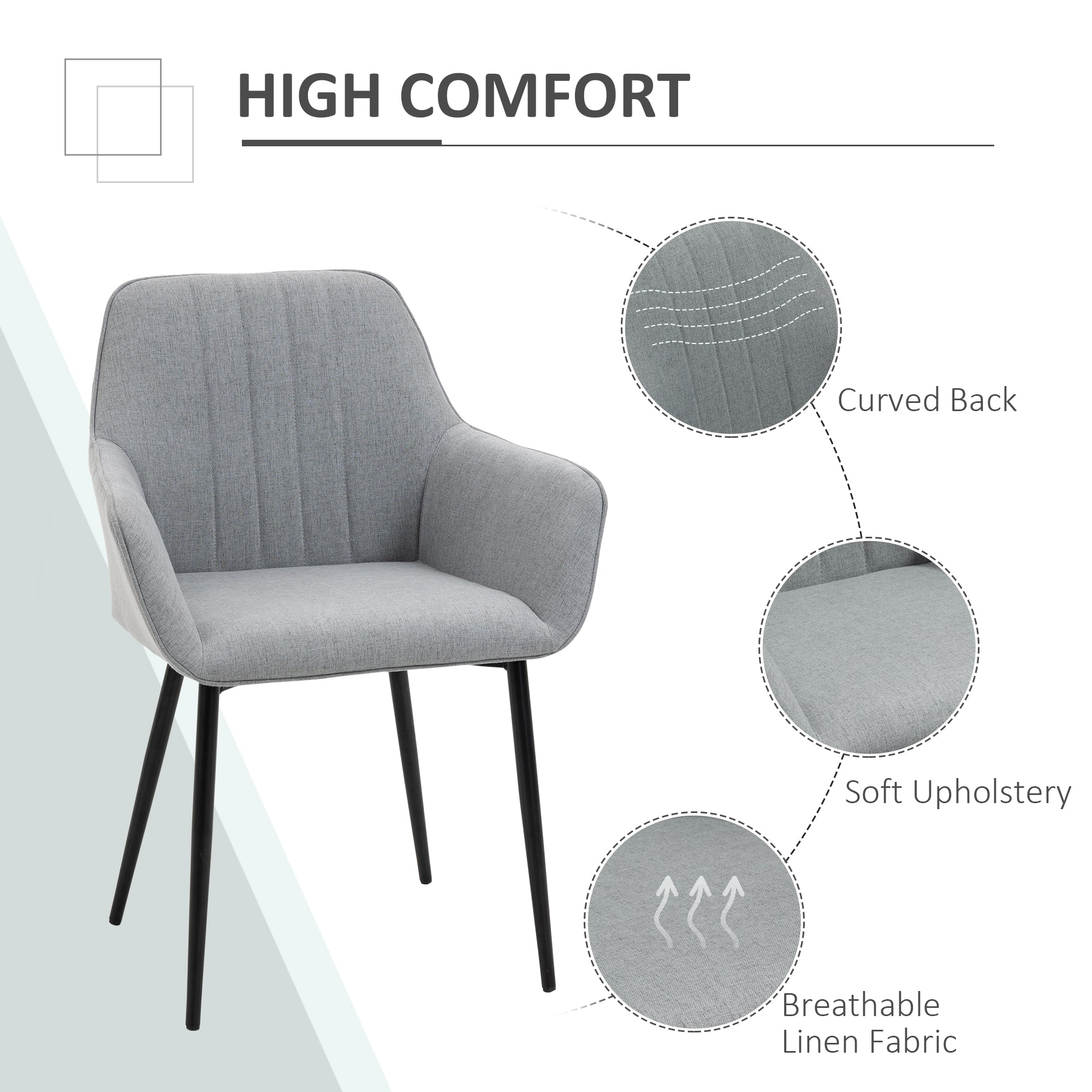 HOMCOM Dining Chairs Upholstered Linen Fabric Accent Chairs with Metal Legs, Set of 2, Light Grey 