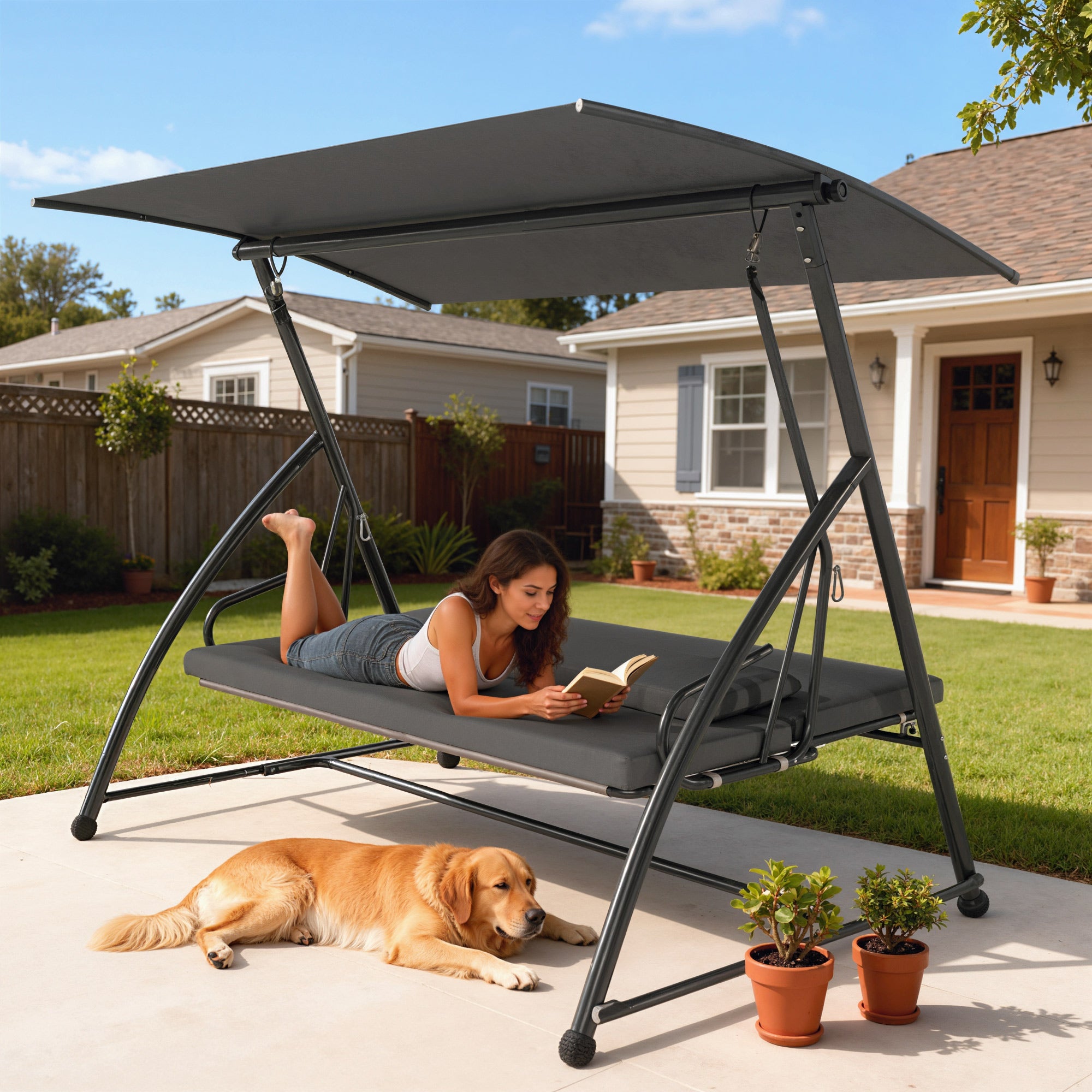 Outsunny Outdoor 2-in-1 Swing Chair Lounger 3 Seater Garden Swing Seat Bed Convertible Tilt Canopy W/ Cushion, Dark Grey 